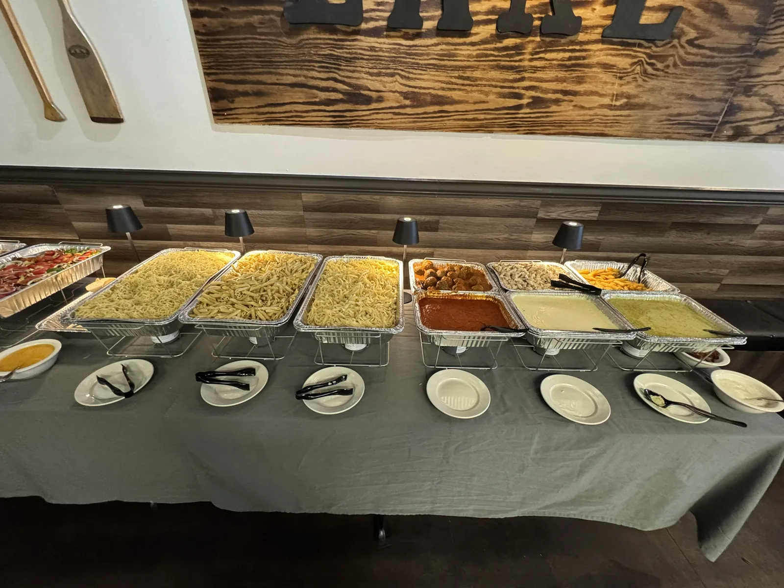 Chafing dishes on a buffet line at a Funkheizer's catered event