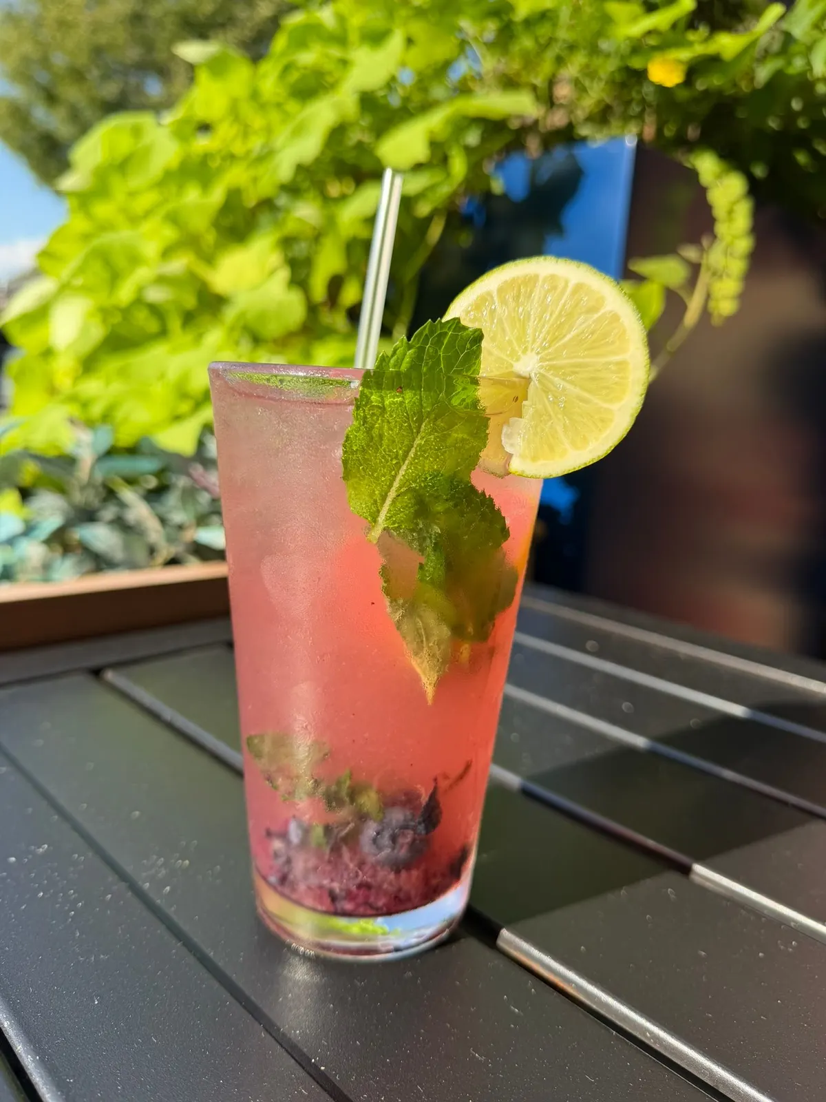 Blueberry lemon mojito on the patio at Funkheizer's