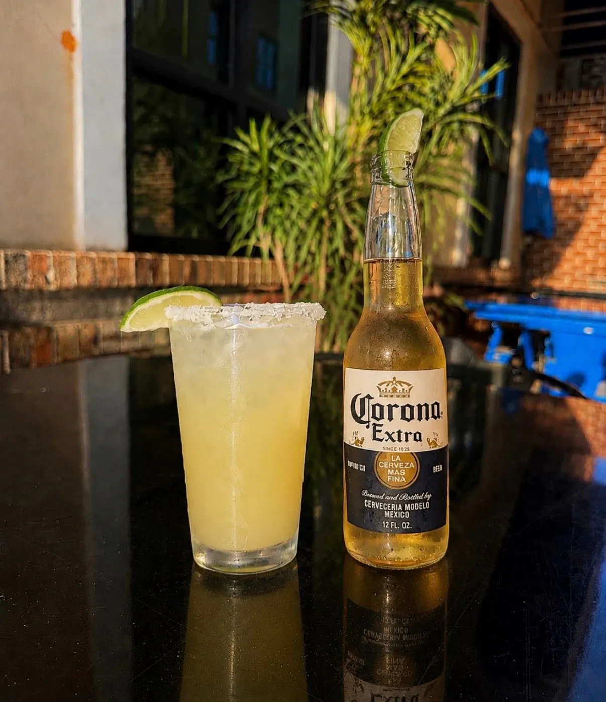 Margarita with a salted rim and a Corona at Funkheizer's