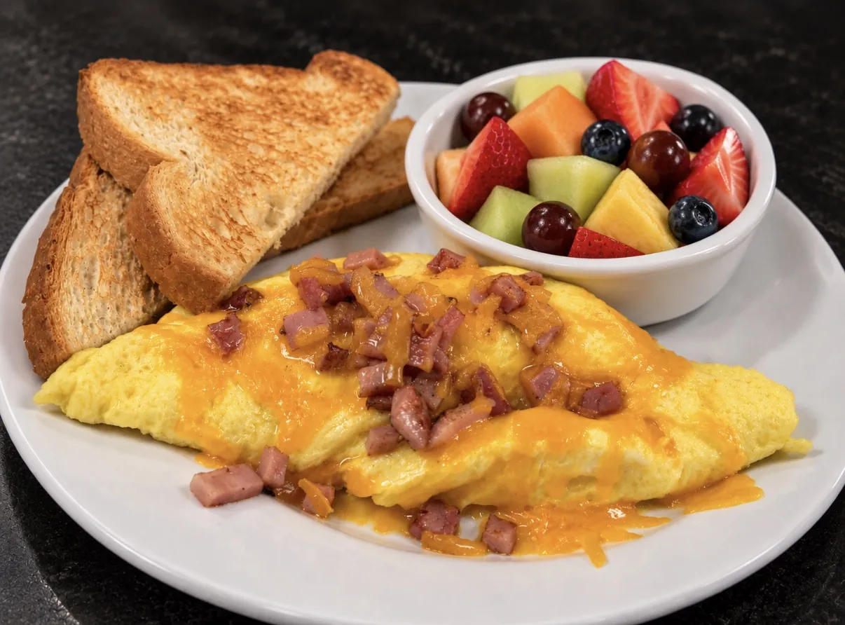Ham and cheese omelette with toast and fresh fruit at Funkheizer's