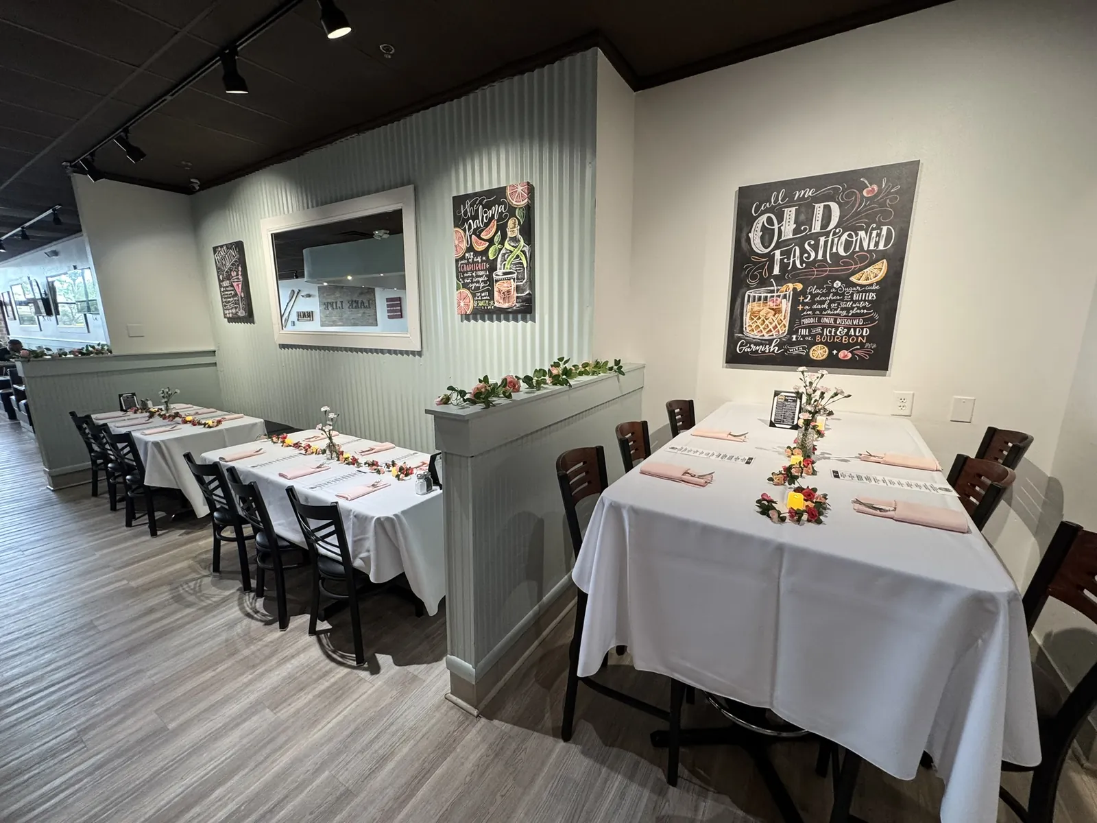The Funkheizer's Mooresville dining room set with white tablecloths